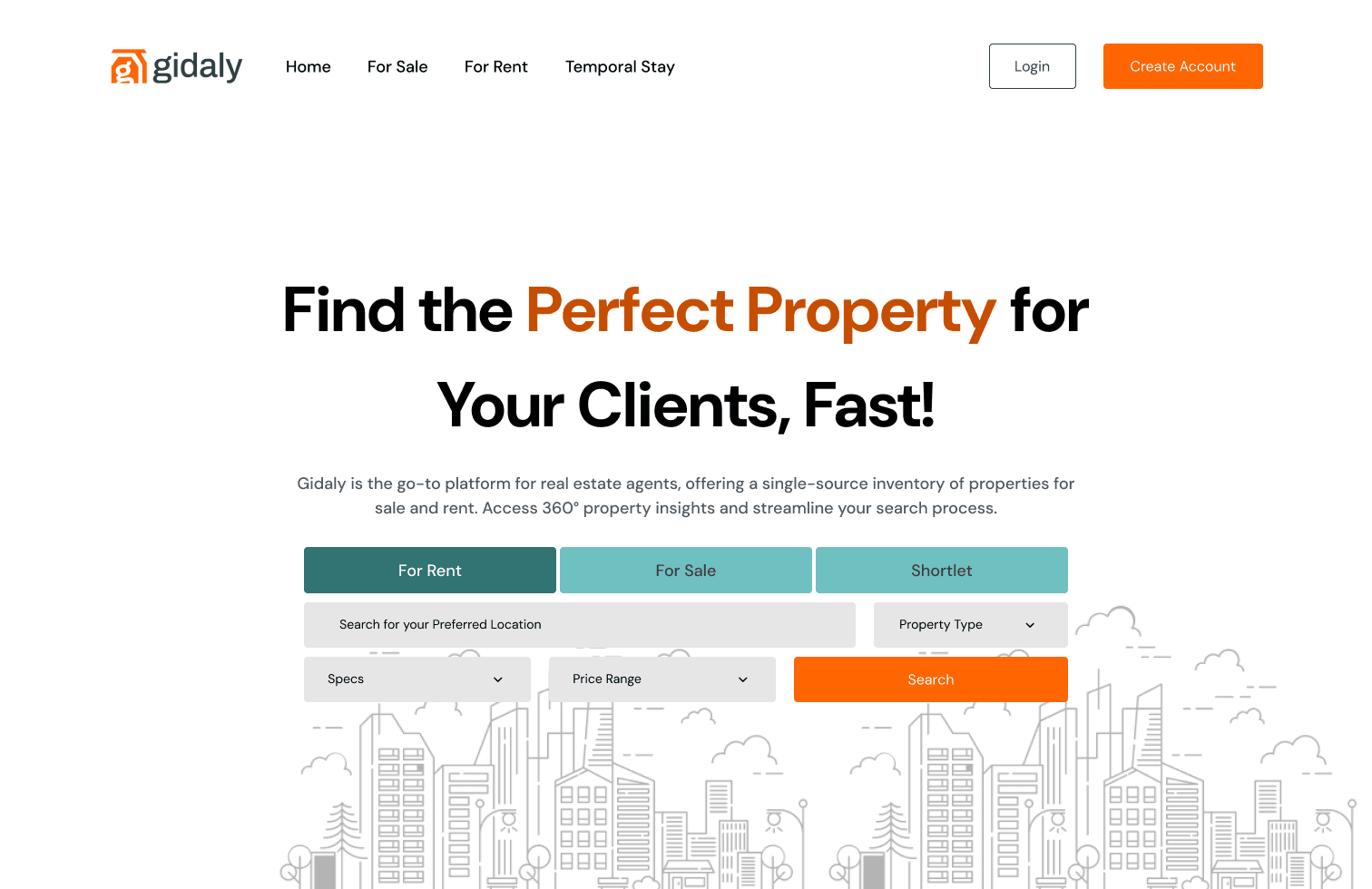 Gidaly home page with a search for rent, sale or shortlet