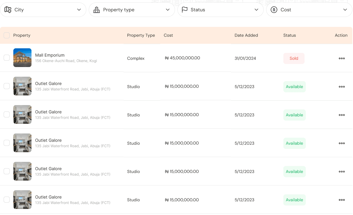 Property management table with filters and status tags