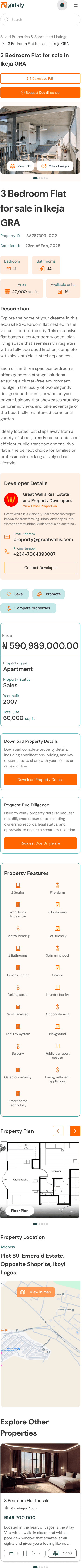 The Gidaly property page on a phone, from photos to location