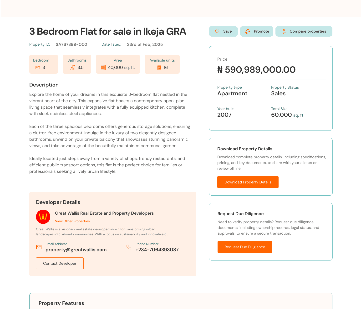 Gidaly property record for a 3 bedroom flat in Ikeja GRA: exact price, available units, developer details, Download Property Details and Request Due Diligence