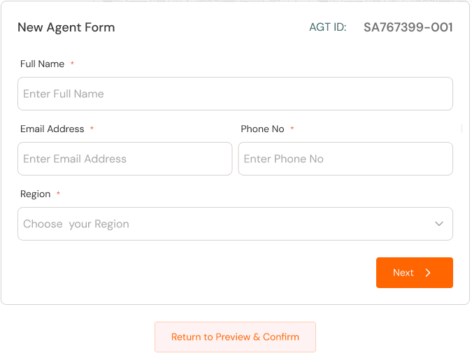 New agent form: name, email, phone and region