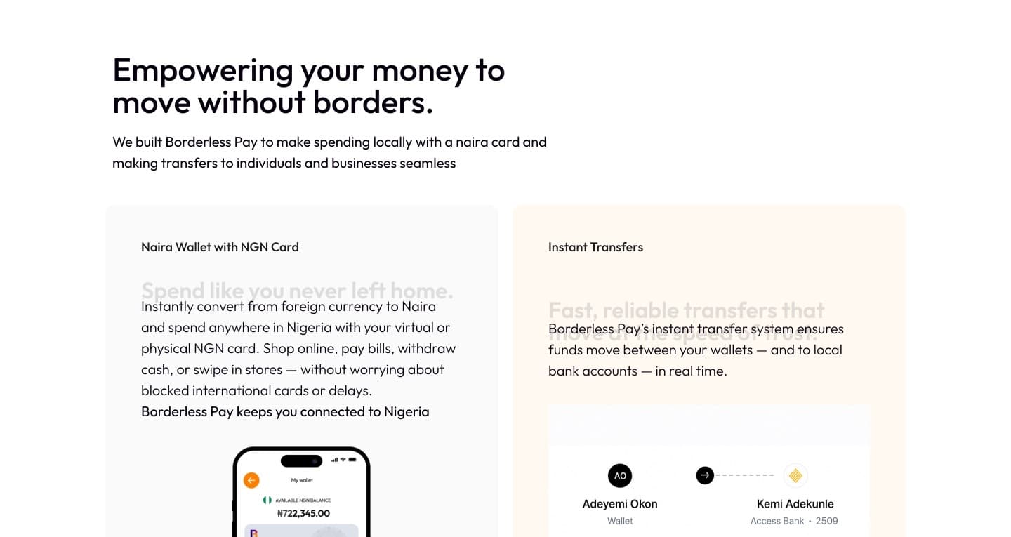 Live: feature panels with the app’s wallet and transfer screens