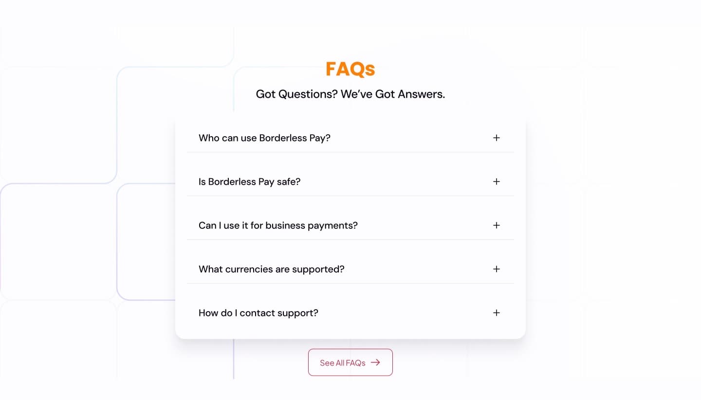 Approved design: five FAQs with a link to all FAQs