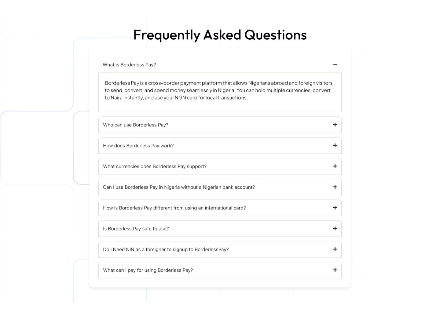 Live: ten FAQs on the Home page, the first one open