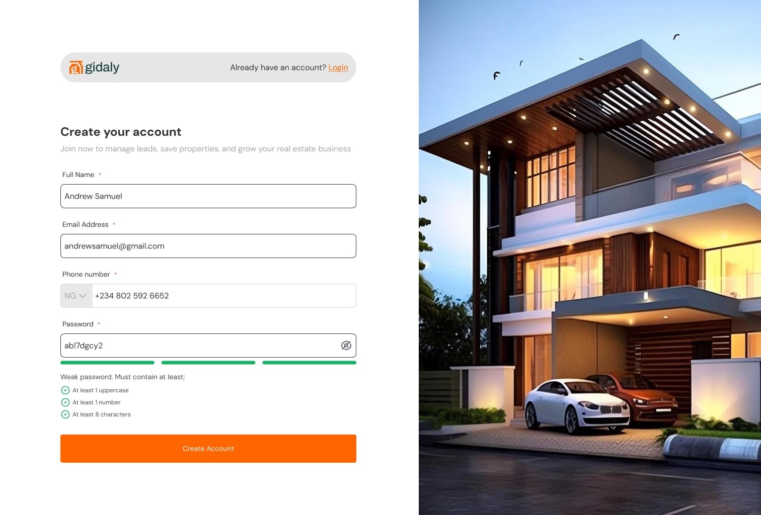Sign-up form with a password strength bar, the password rules and a +234 phone field