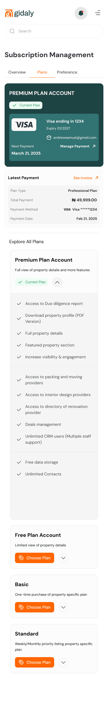 Subscription plans: Premium, Free, Basic and Standard