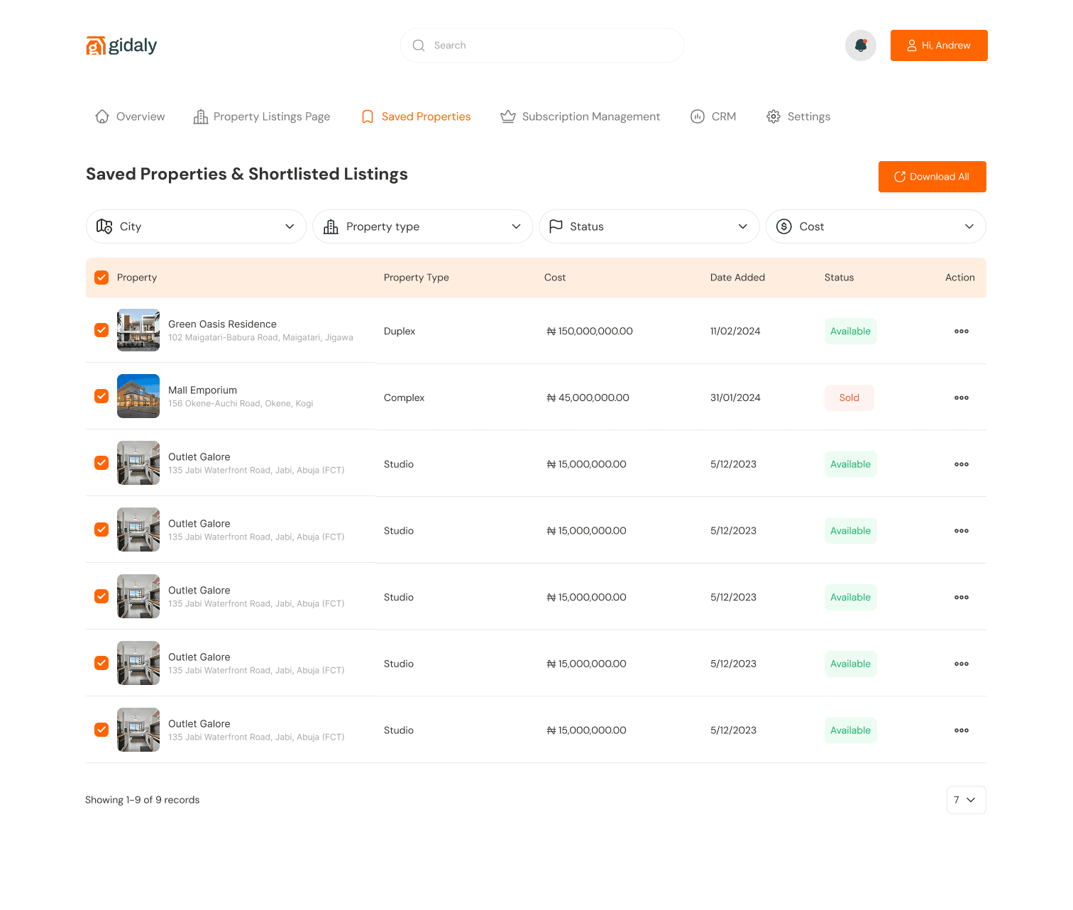 Saved properties table with filters above it and status tags