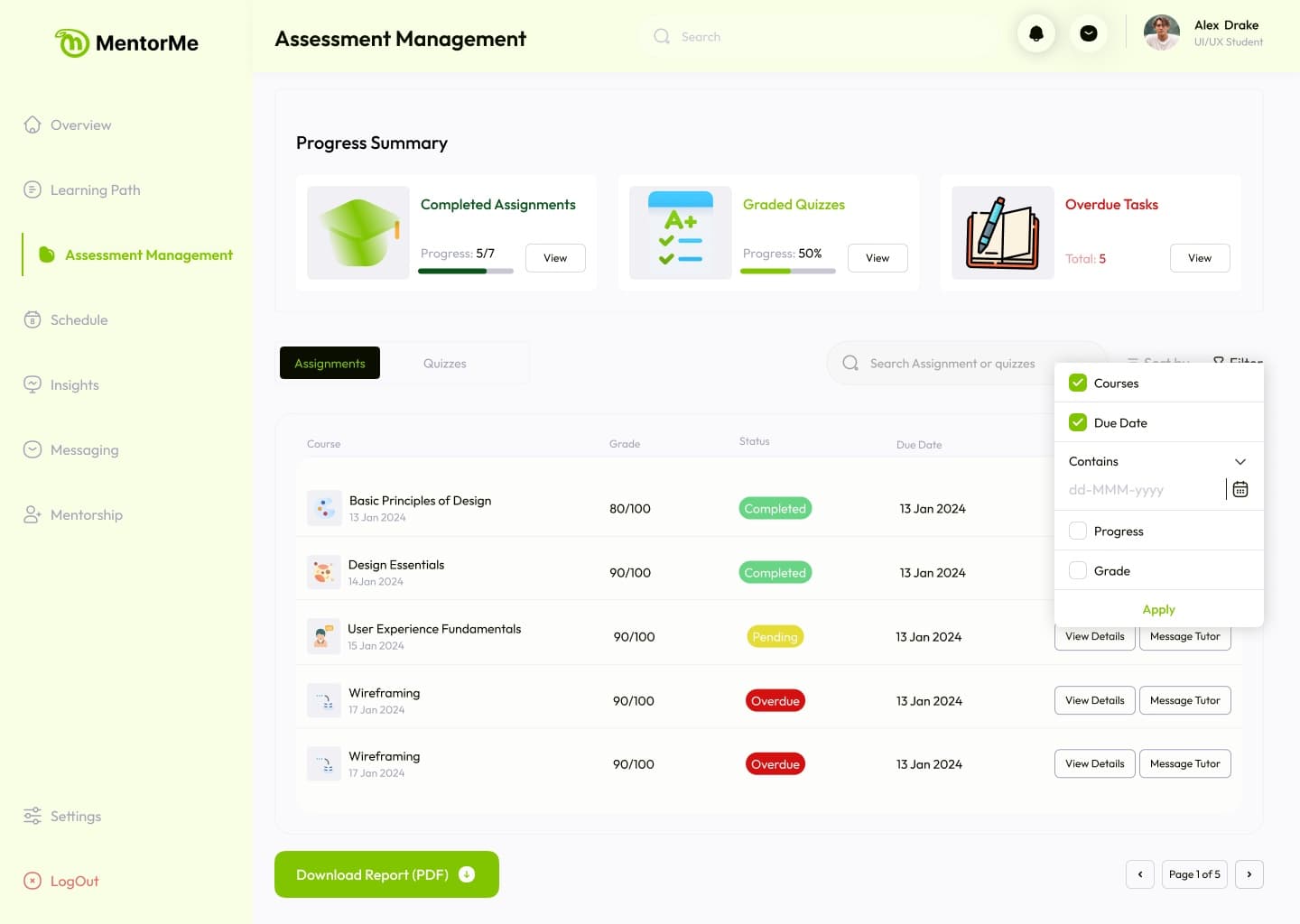 Assessment management: completed assignments, graded quizzes, overdue tasks and a PDF report