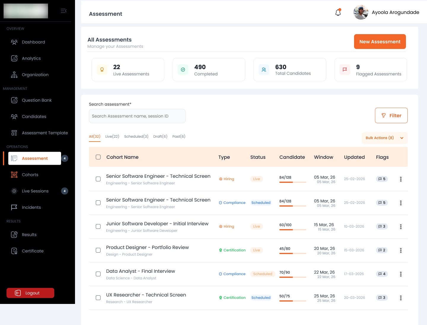 All assessments: live, completed, candidates and flagged counts, and each assessment's type, status, candidates sat, window and flags