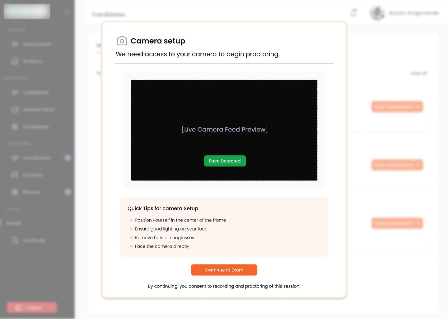 Camera setup: a face-detected preview, tips for lighting and position, and consent to recording