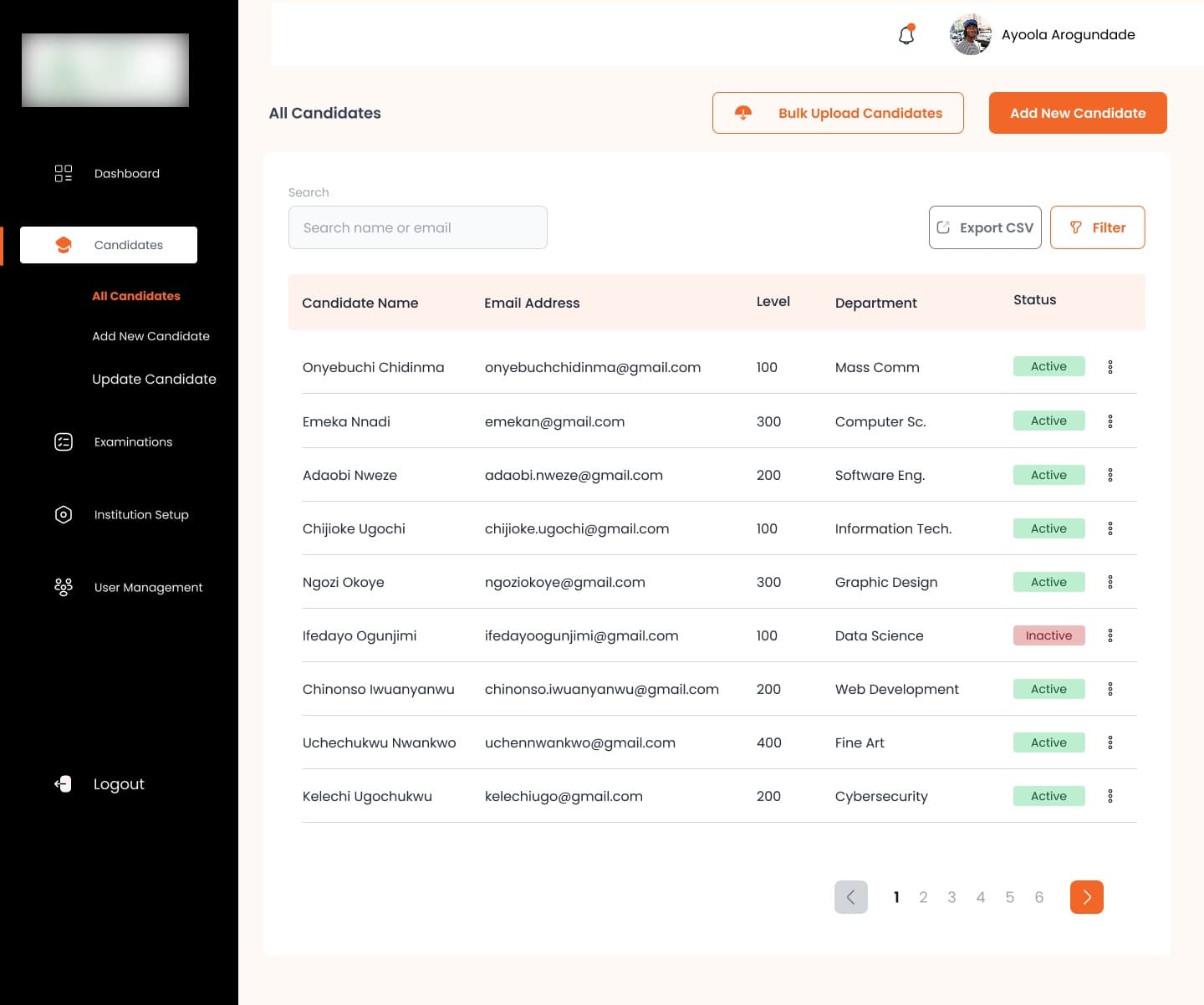 All candidates: name, email, level, department and status, with bulk upload and export