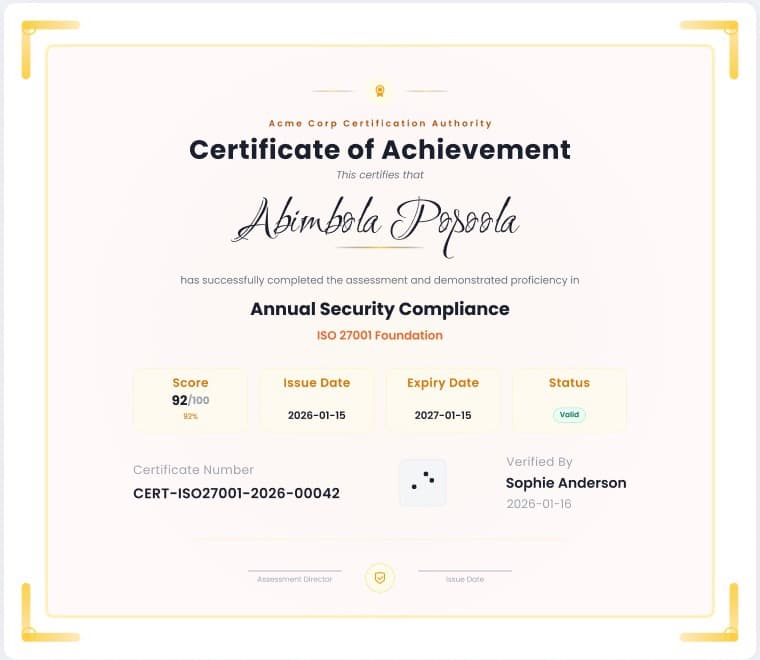 A certificate of achievement with score, issue and expiry dates, status, certificate number and verifier