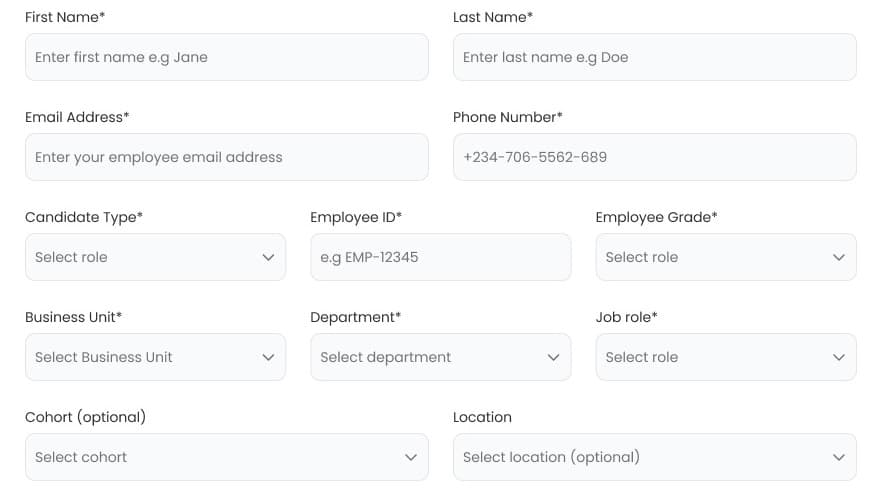 Create candidate: name, email, phone, candidate type, employee ID and grade, business unit, department, job role, cohort and location