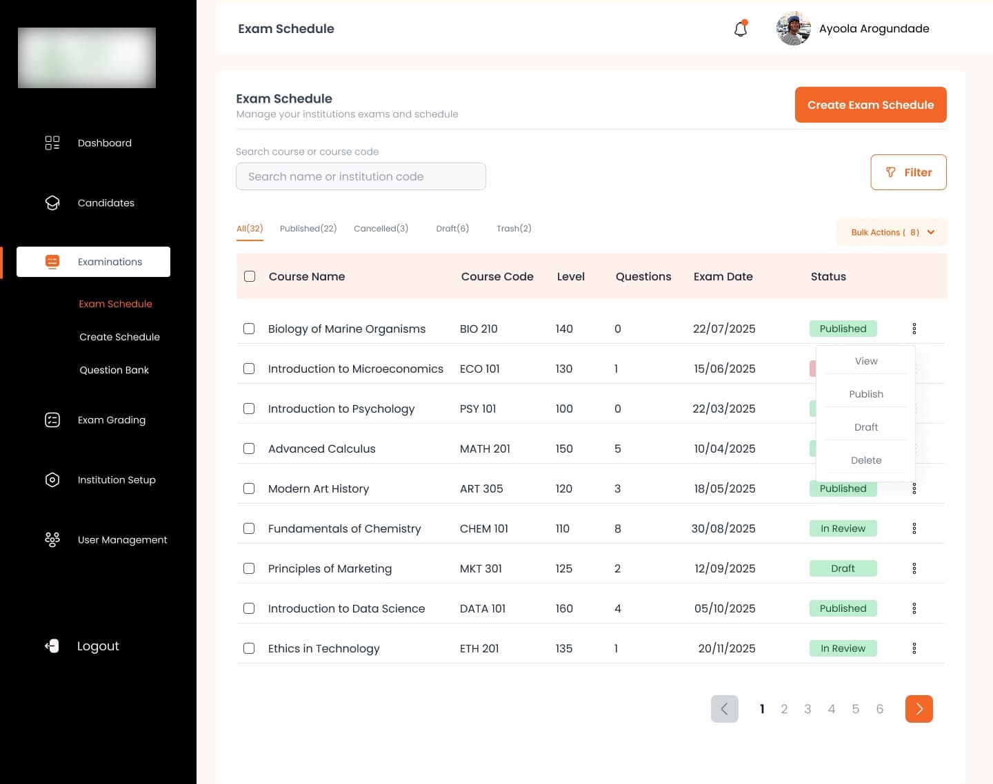 Cognexa exam schedule: courses with code, level, questions, exam date and status (Published, In Review, Draft)