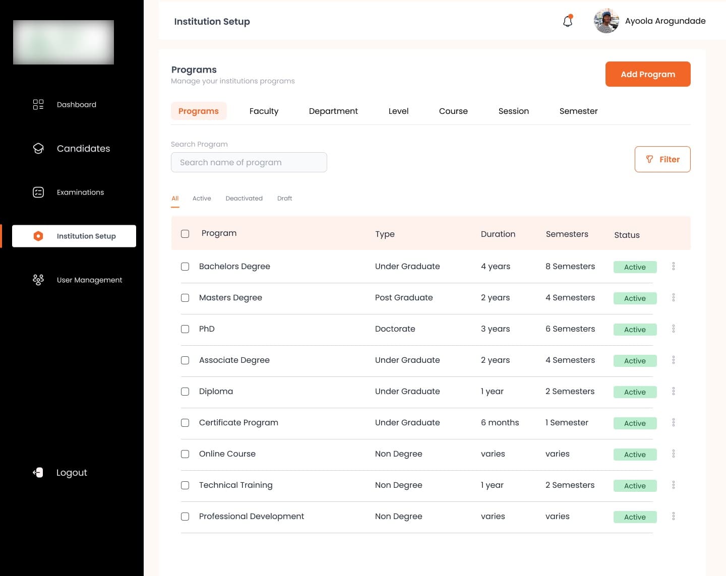 Institution setup: programs with type, duration, semesters and status, and tabs for faculty, department, level, course, session and semester