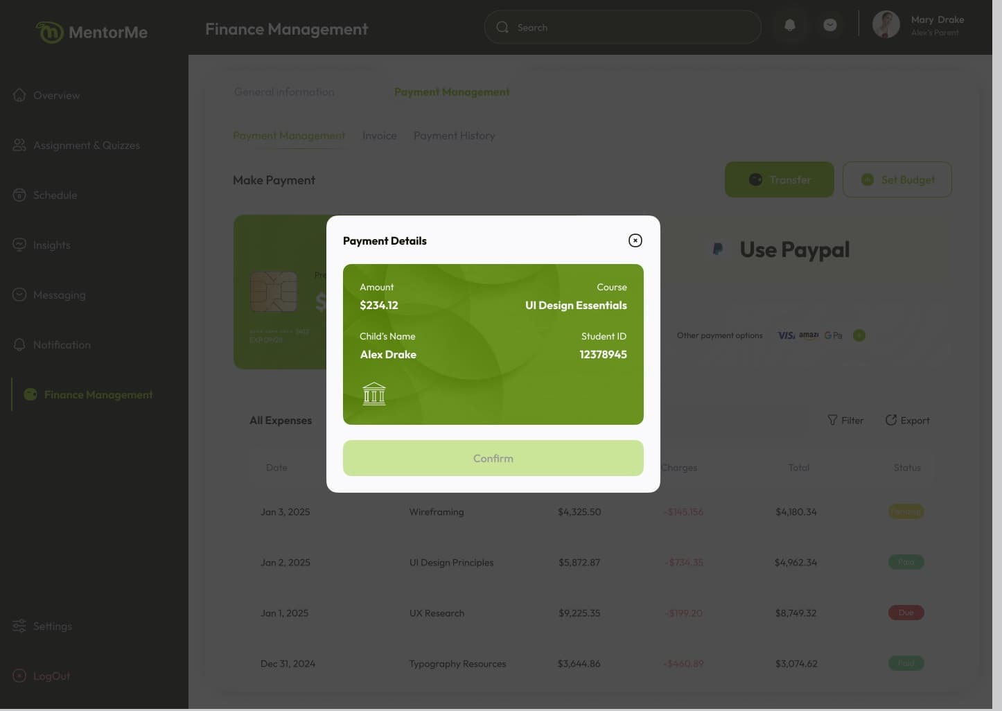 Payment details naming the amount, the course, the child and the student ID