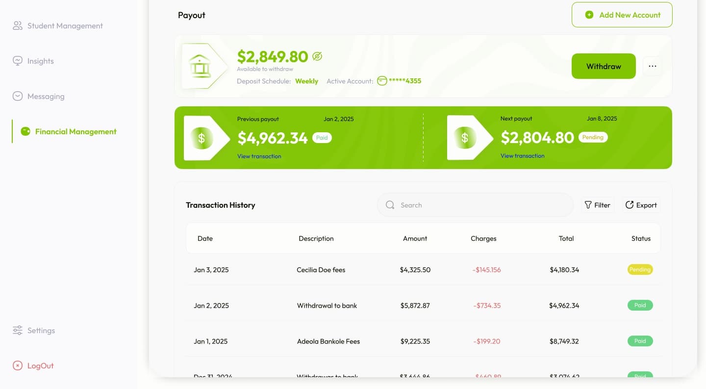 Tutor payouts: money available to withdraw, the next payout and transaction history