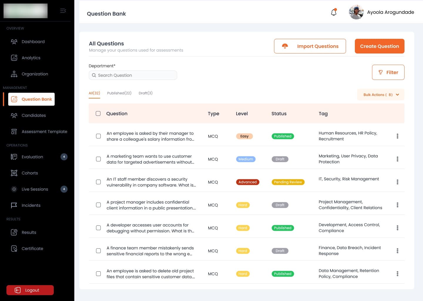 Corporate question bank: questions with type, level, status (Published, Draft, Pending Review) and topic tags