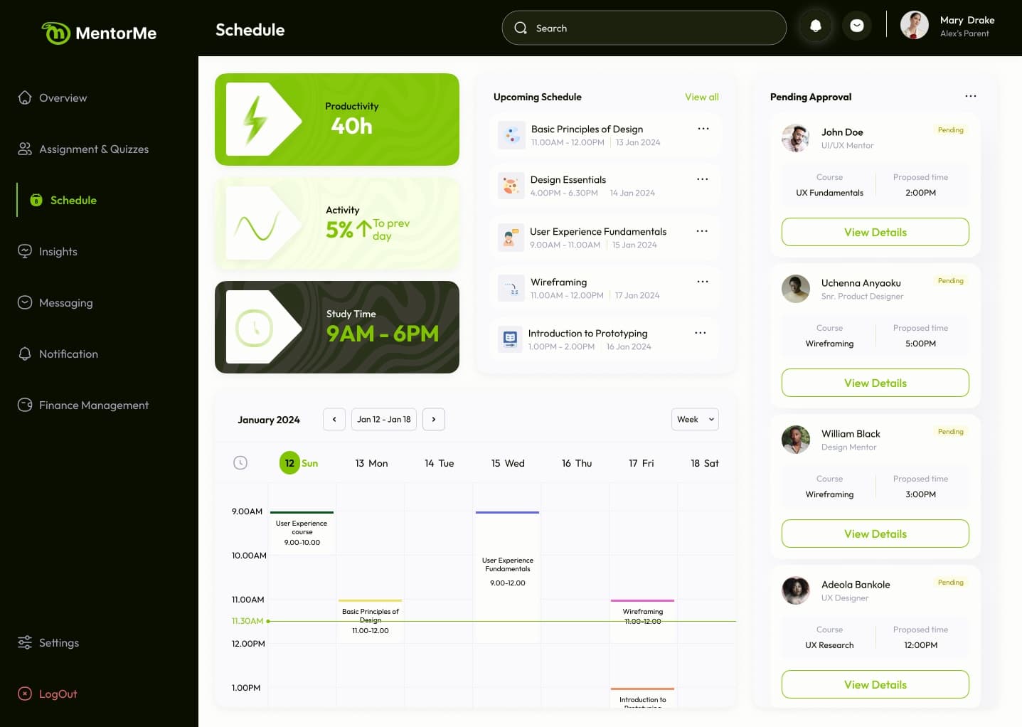 Parent schedule showing the child's requests pending approval
