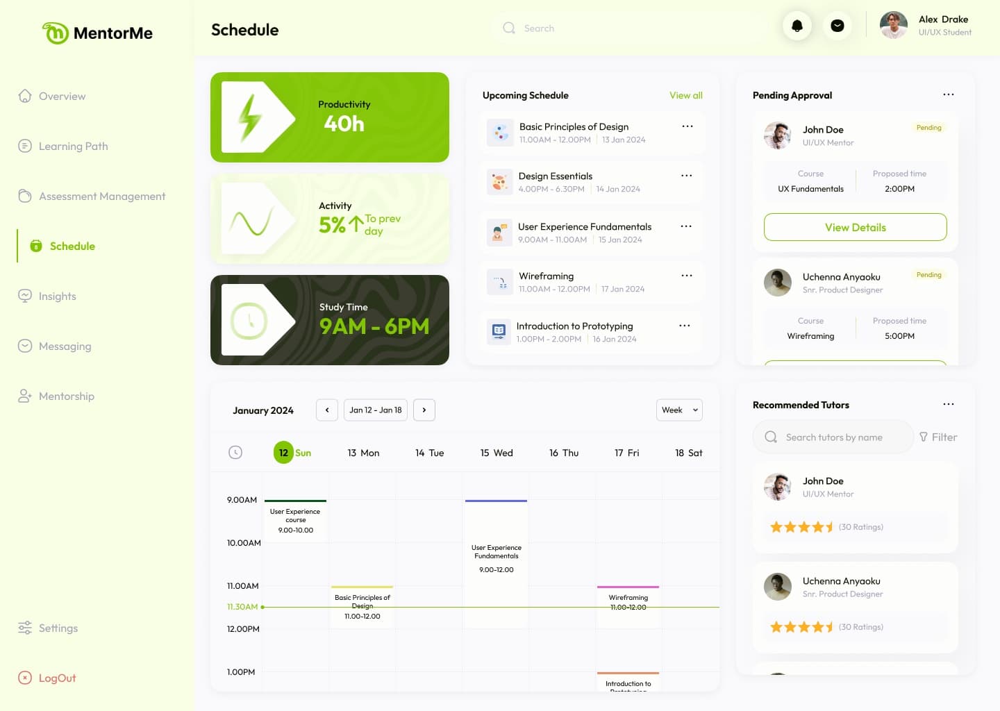 Student schedule with requests to two tutors pending approval