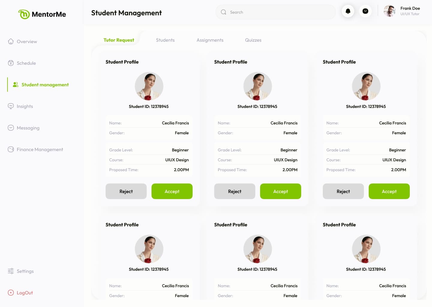 Tutor requests: student profiles with course, grade level and proposed time, and Accept or Reject