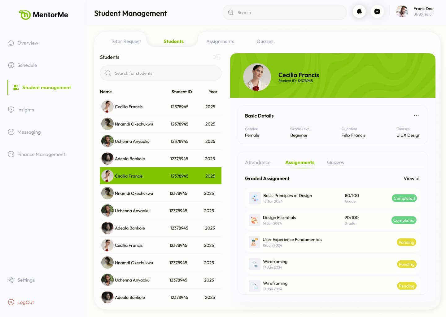 Tutor student list with one student's details and graded assignments