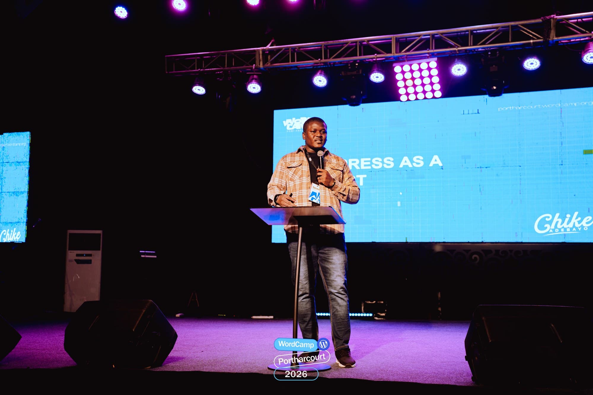 Wide shot of the stage and room at WordCamp Port Harcourt