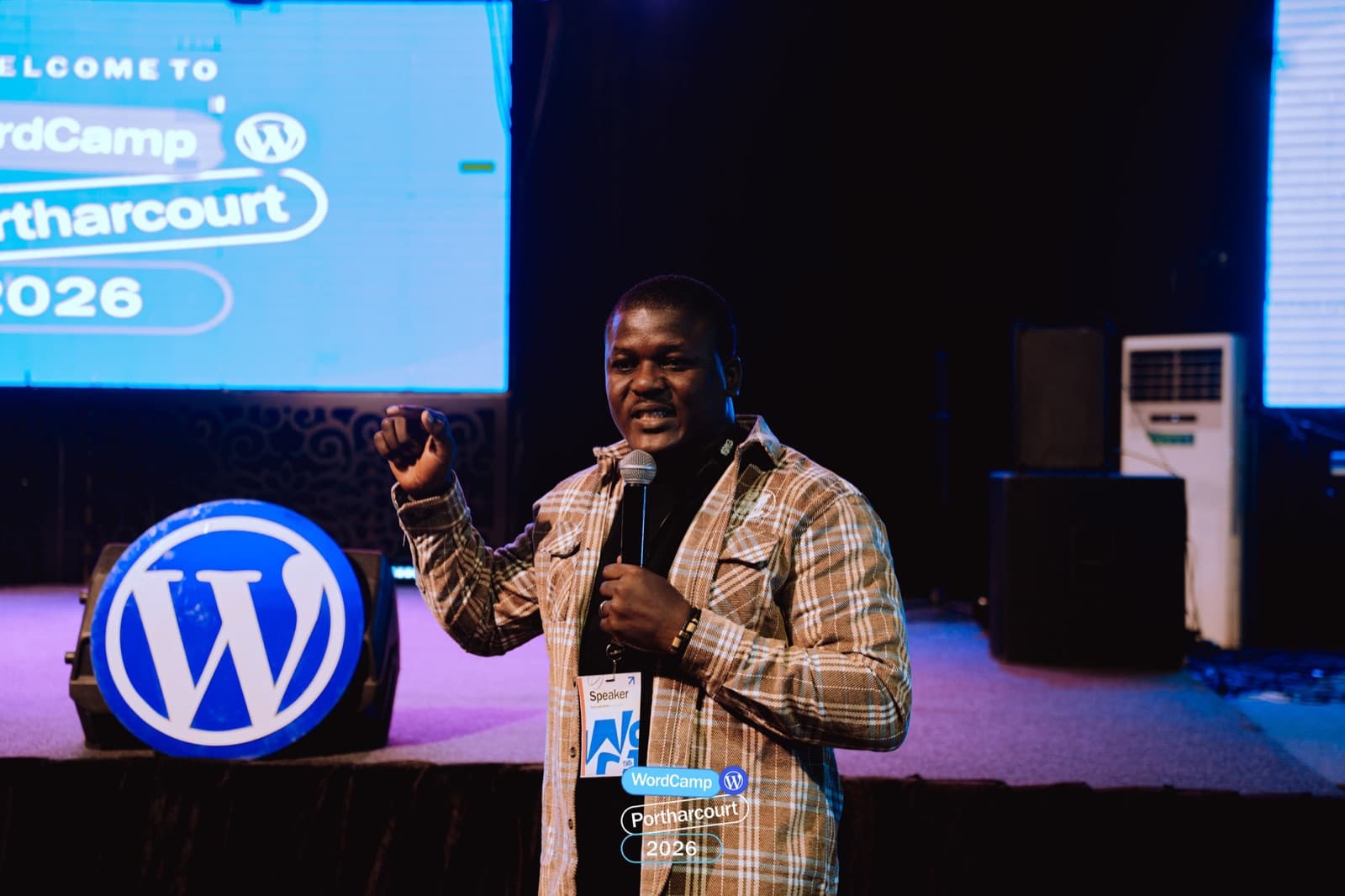 Adebayo Chike on stage at WordCamp Port Harcourt