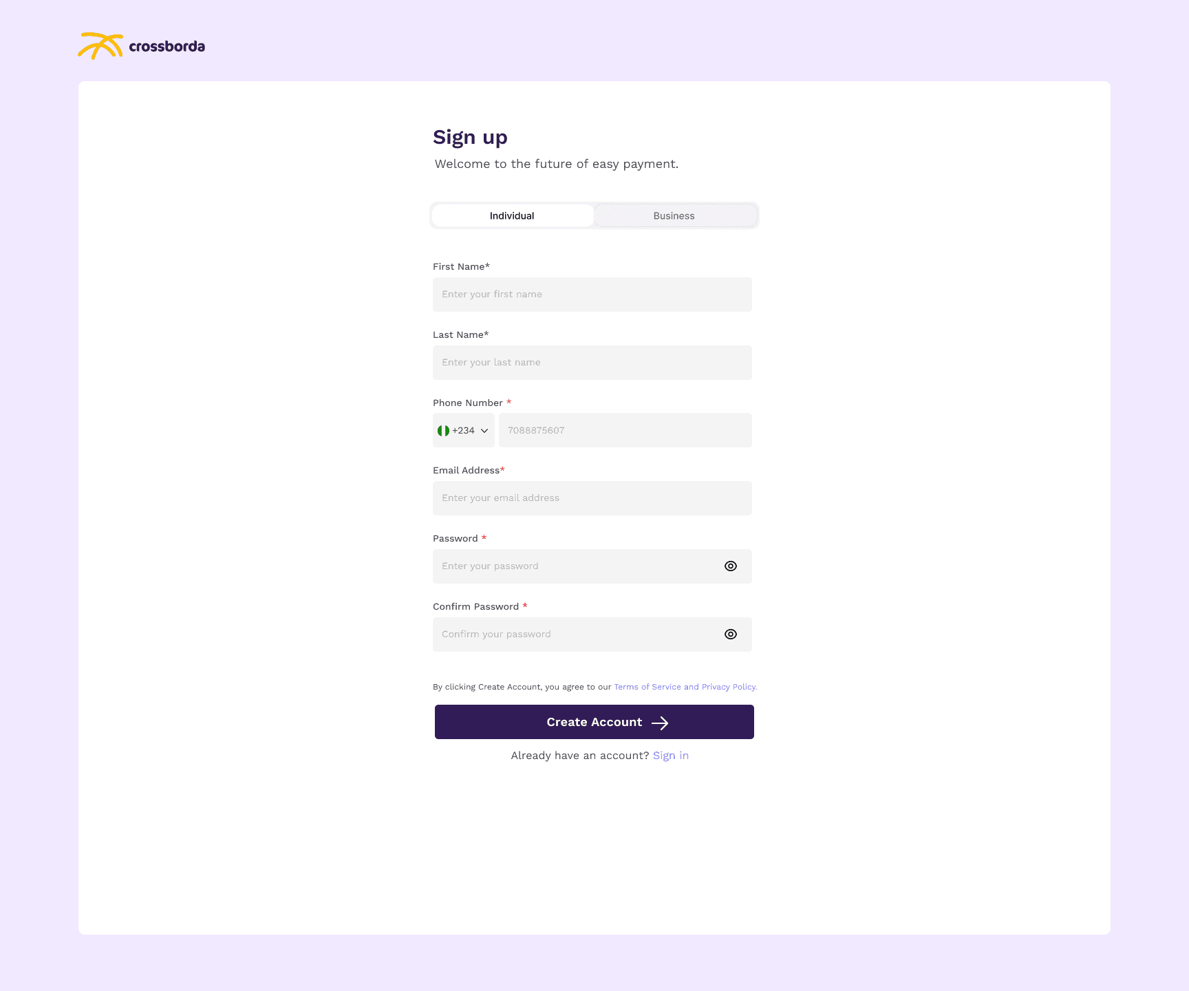 Now: New sign-up with Individual and Business tabs: name, phone, email and password