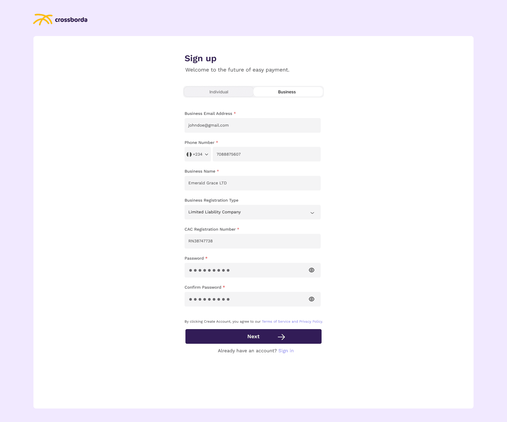 Now: New business sign-up: business email, phone, name, registration type, CAC number and password