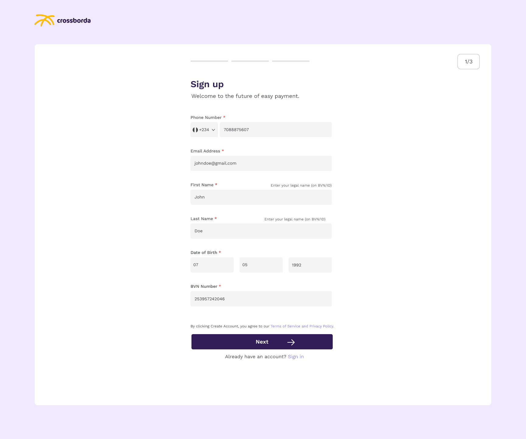 Before: Old personal sign-up: phone, email, legal name, date of birth and BVN, step 1 of 3