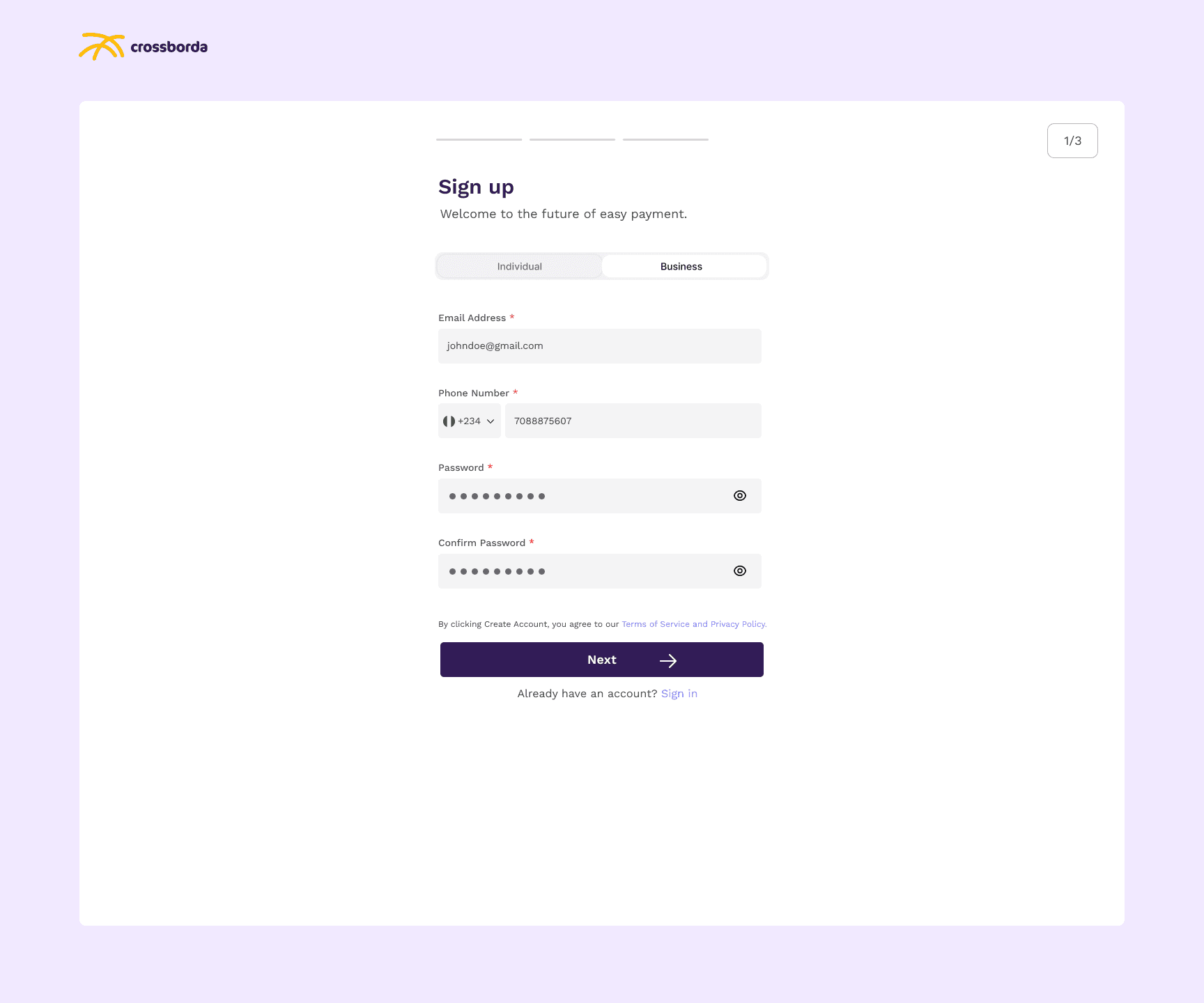 Before: Old business sign-up: email, phone and password, step 1 of 3
