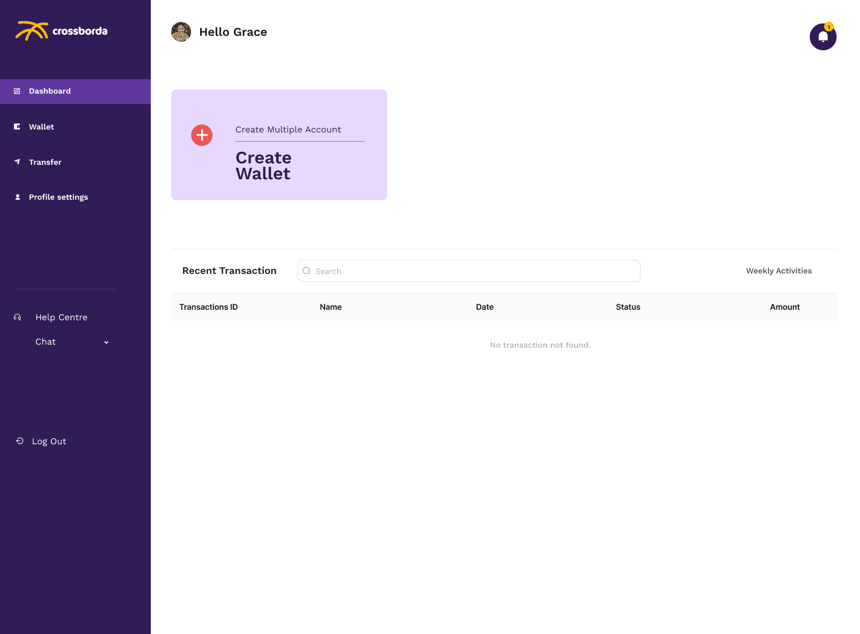 New personal dashboard with a Create Wallet card and an empty transactions table