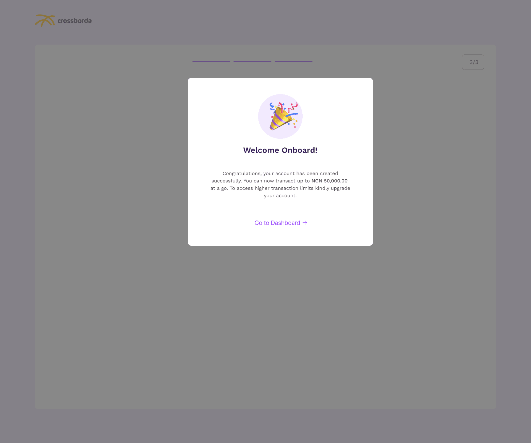 Old Welcome Onboard message at the end of the business sign-up