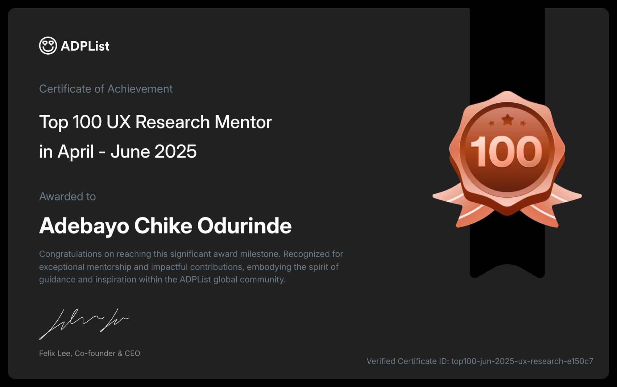 ADPList certificate: Top 100 UX Research Mentor, April to June 2025