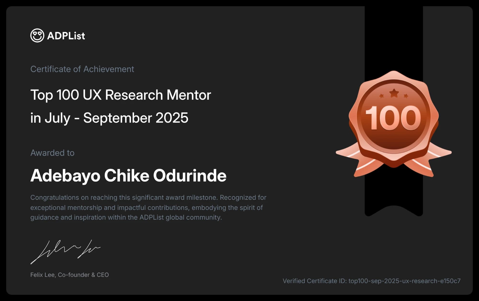ADPList certificate: Top 100 UX Research Mentor, July to September 2025