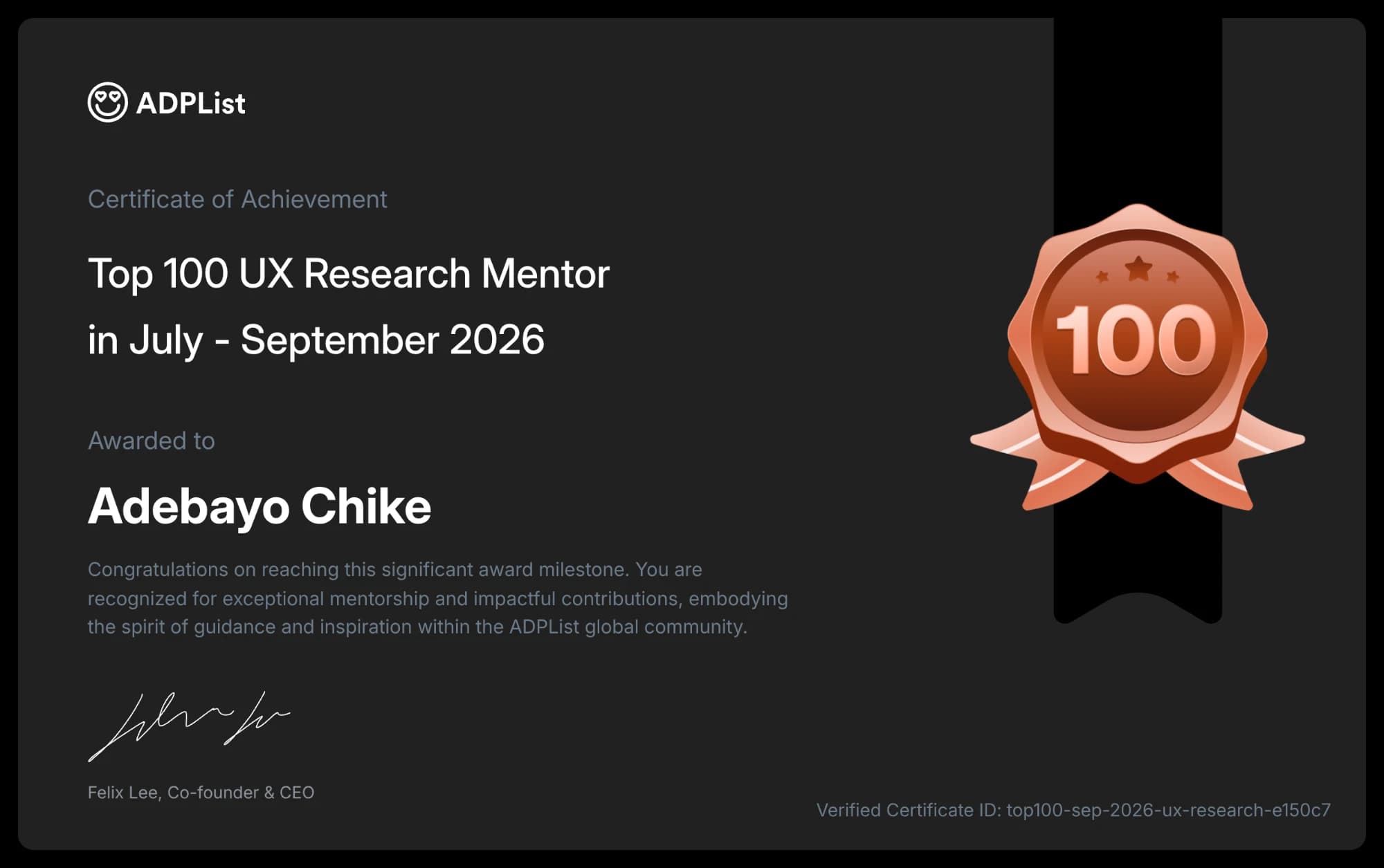 ADPList certificate: Top 100 UX Research Mentor, July to September 2026