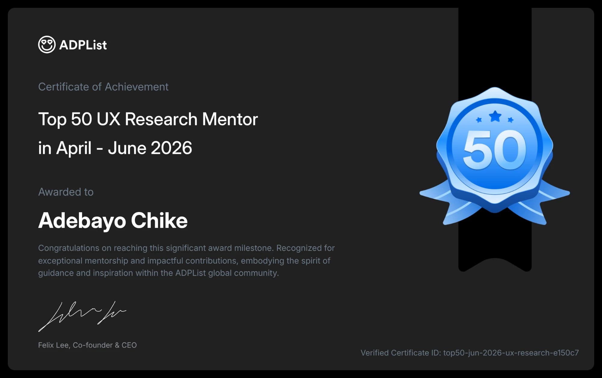 ADPList certificate: Top 50 UX Research Mentor, April to June 2026